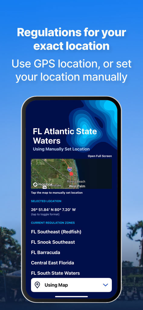 Fish Rules App zeigt lokale Fischereivorschriften für Florida Atlantic State Waters basierend auf dem GPS-Standort.