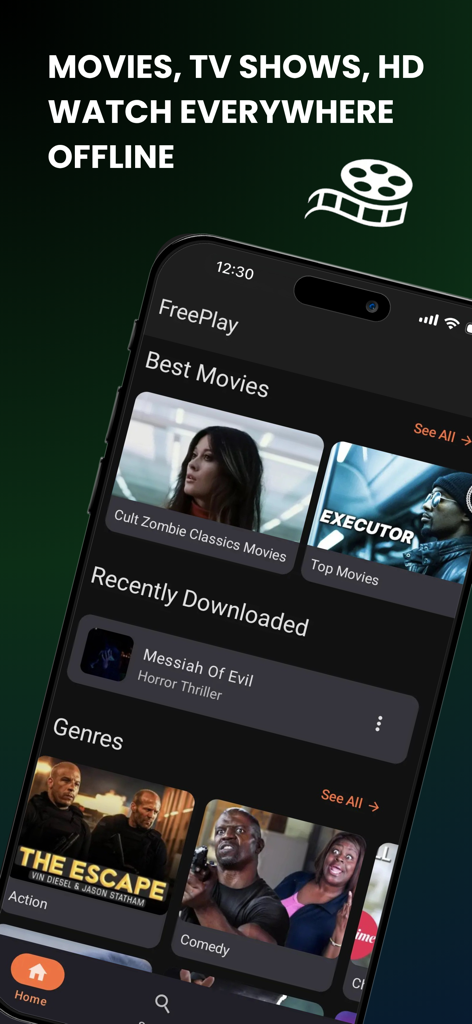 Interface do aplicativo FreePlay mostrando categorias de filmes como Melhores Filmes e Gêneros sob um título para assistir HD offline.