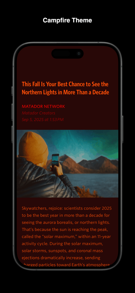Unread RSS reader article view featuring the dark Campfire theme with orange text on an iPhone.