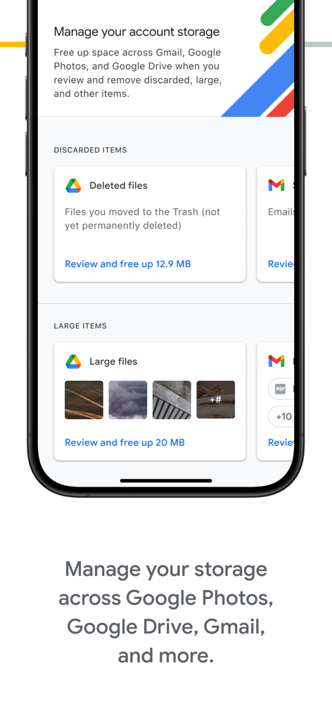 Google One app screen for managing storage across Google Drive Photos and Gmail