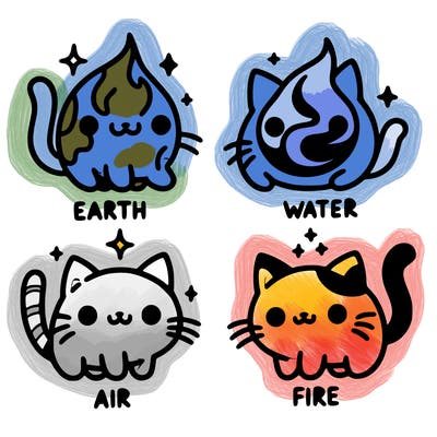 4 cats that represent the different elements, earth, water, air, and fire