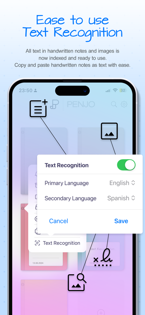 Interface of Penjo app showing handwriting and image text recognition settings with language selection.