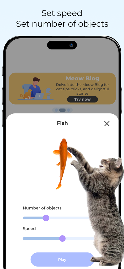 Games for Cats Cat Toy – Meow - Settings screen for the fish game in the Meow app for cats showing speed and quantity sliders.