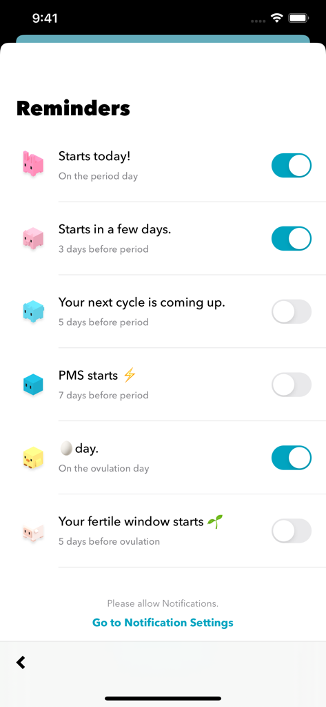 Cube Period Trackerアプリの期間と排卵のリマインダー設定を示すミニマルなインターフェイス。