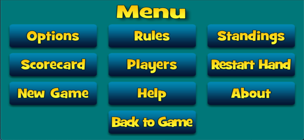 The main menu interface of the Mexican Train Dominoes 2 mobile game featuring large navigation buttons for game options and rules.