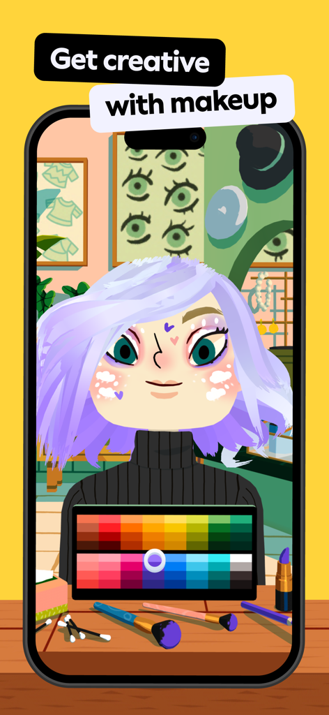 Un personaggio con capelli viola e trucco viso a forma di nuvola viene acconciato con una palette di colori per il trucco in Toca Boca Hair Salon 4