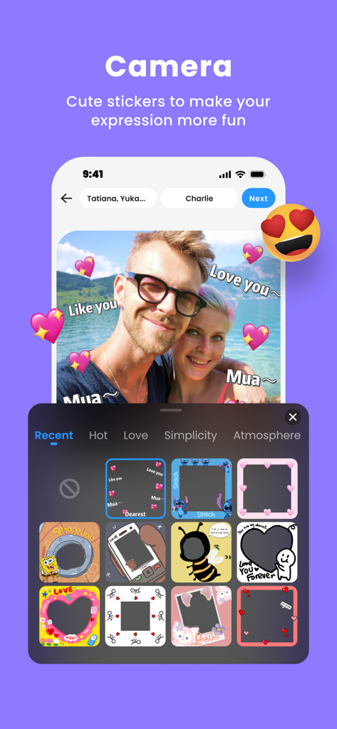LiveStatus - App for couples - A couple's photo decorated with romantic stickers and a variety of cute frames within the LiveStatus app interface.