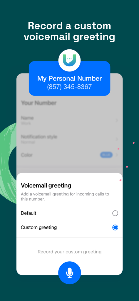 Screen interface for recording a custom voicemail greeting in the Unlisted app