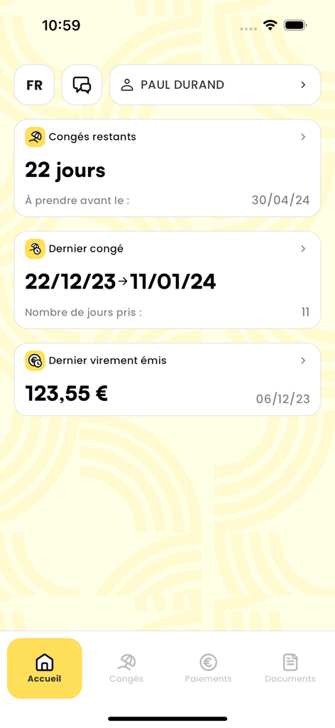 CIBTP and Moi app home screen displaying remaining leave days and last payment details