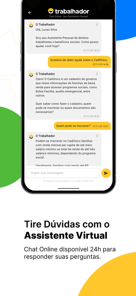 Virtual assistant chat interface in the O Trabalhador app providing information on labor rights and social programs