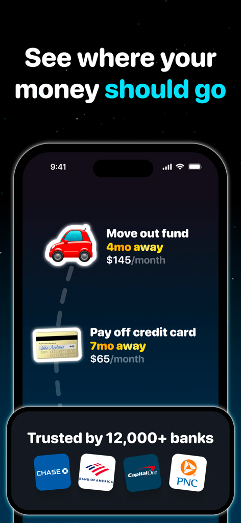 Screenshot of the Milo app showing a visual timeline for financial goals like moving out and paying off debt