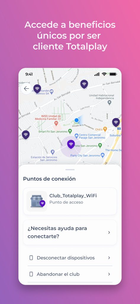 Totalplay - Totalplay app interface displaying a map of available WiFi connection points and access details.