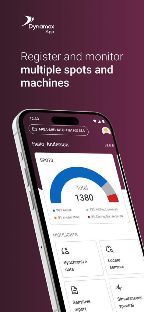 Dynamox App - Dynamox App dashboard displaying industrial machine monitoring and asset spots status