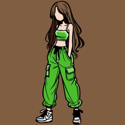 girl in baggy pants crop top and long hair