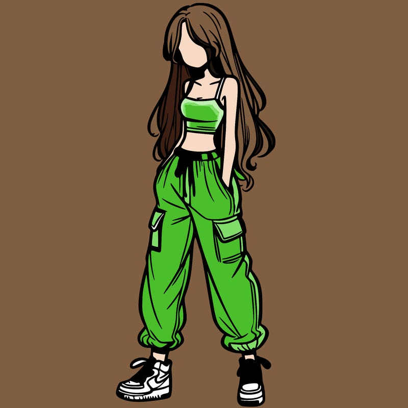 girl in baggy pants crop top and long hair