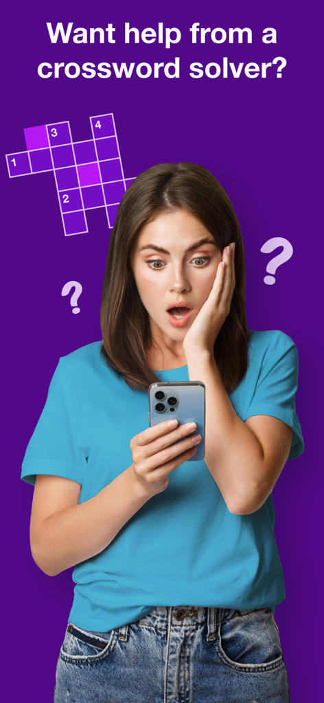 Crossword Solver Plus - A woman looking surprised while using her smartphone with a crossword puzzle graphic and help text
