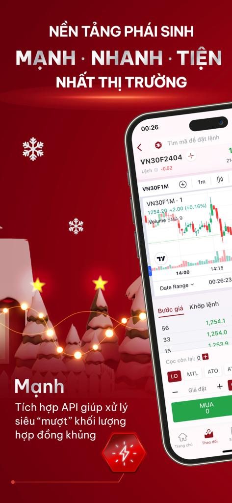 Entrade X by DNSE: Stocks - Interfaz de la aplicación de trading de derivados Entrade X que muestra un gráfico de velas de derivados en tiempo real y un libro de órdenes para la negociación de acciones.