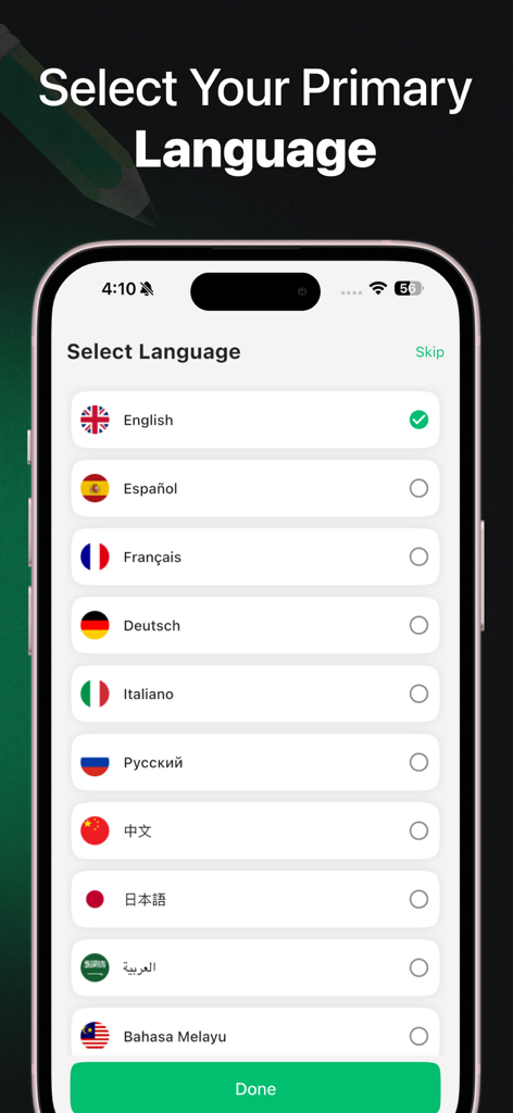 AI Essay Writer : Essay Helper - Una captura de pantalla de la pantalla de selección de idioma en la aplicación AI Essay Writer con varios idiomas internacionales.
