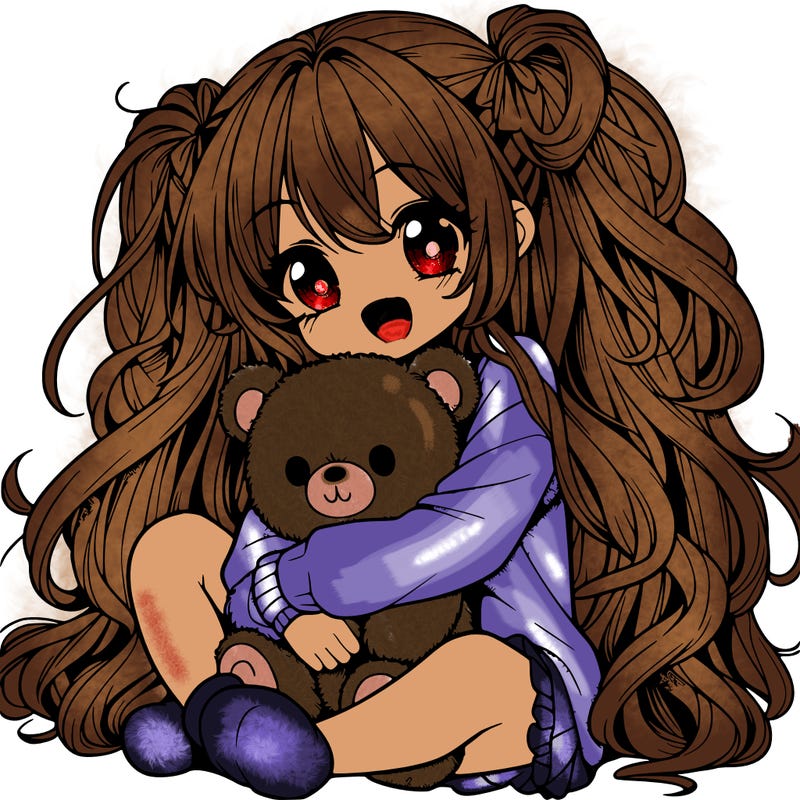 manga girl, long curly hair, happy, cuddling a teddy bear