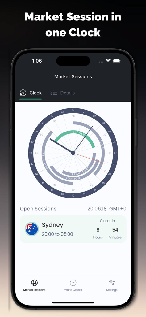 Application de trading Forex montrant les heures de marché mondiales sur une horloge circulaire