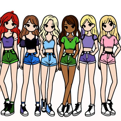 a group of girls wearing crop tops and shorts