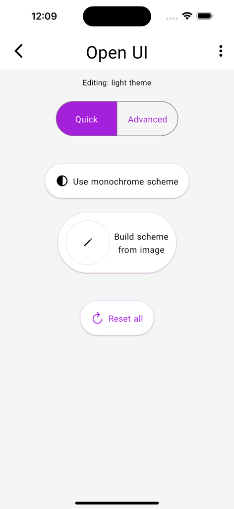 Open UI app screen for editing light theme appearance with monochrome and image color options