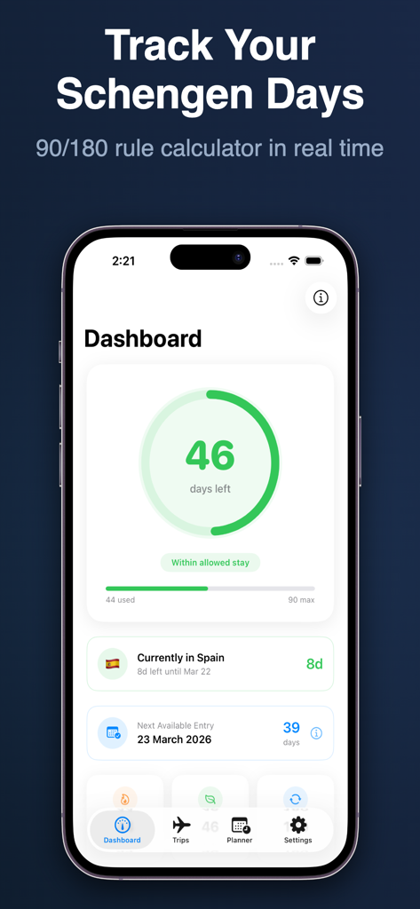 Schengen Stay: 90/180 Days - Schengen Stay app dashboard showing 46 days remaining and current trip status in Spain