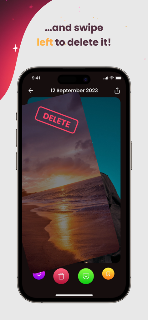 Photo Purge: Swipe & Delete - Interfaz de la aplicación móvil que muestra una foto del atardecer siendo deslizada hacia la izquierda con un sello rojo de eliminación.
