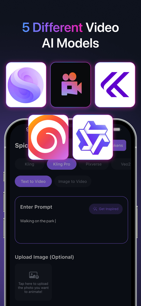 Spice: AI Video Maker & More - Spice app interface showing text to video prompt input and various AI model options