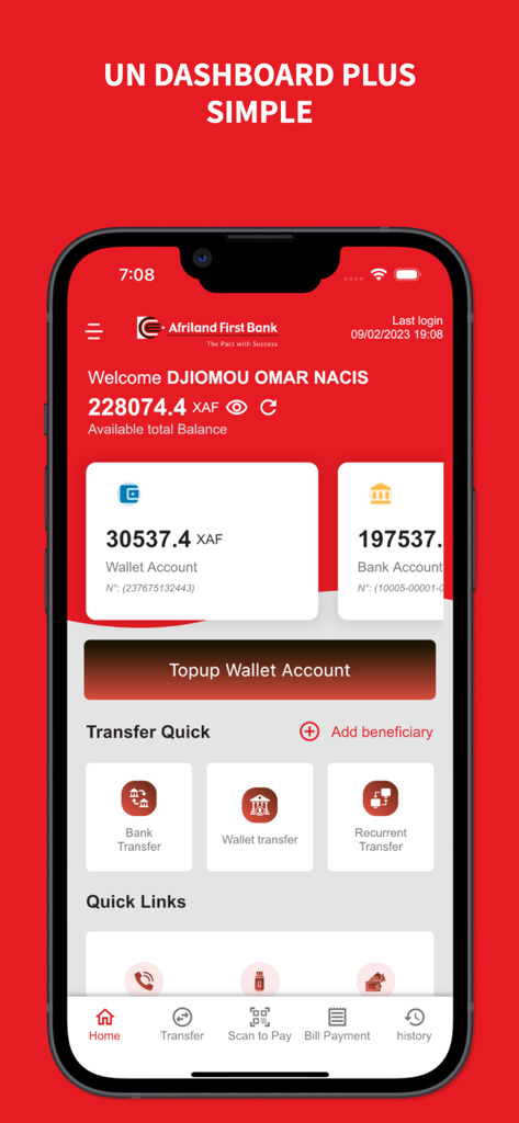 Tableau de bord de la banque mobile SARA by Afriland Cameroon montrant les soldes des comptes et les options de transfert