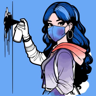 realistic girl with mask spray painting a wall