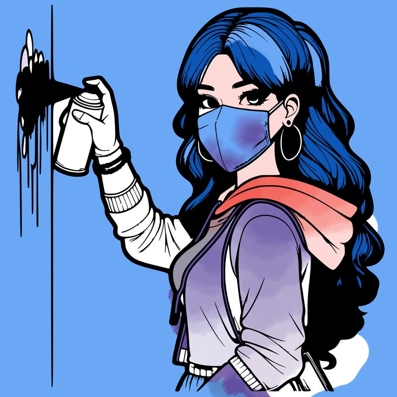 realistic girl with mask spray painting a wall