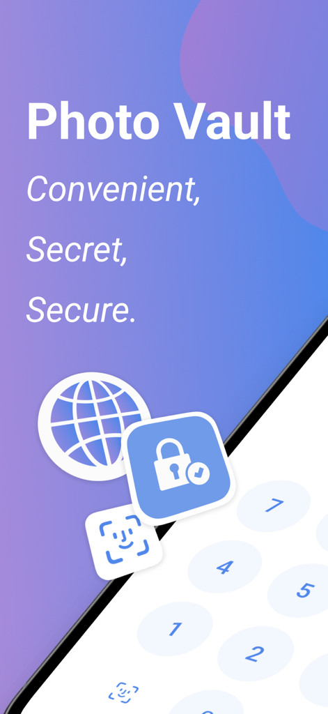 Secret Calculator, Photo Vault - Promotional graphic for a secret photo vault app showing lock and biometric icons over a calculator interface