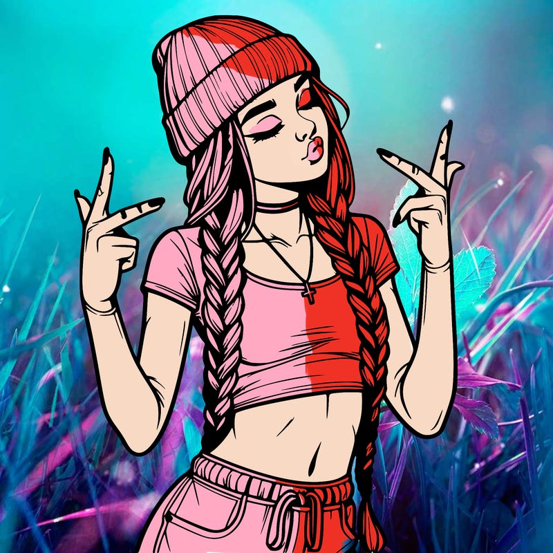 realistic teenage girl with braids and a beanie and crop top doing 🫶🏼