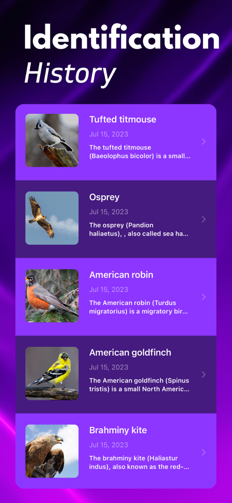 Una lista de pájaros identificados en el registro de historial de la aplicación Bird ID