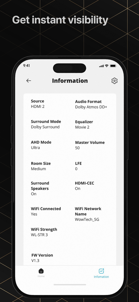 Pantalla de información de la App de Control Remoto Nakamichi mostrando el formato de audio y el estado del dispositivo