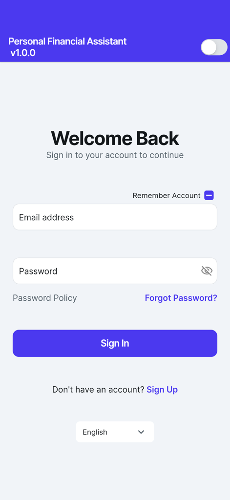 Tela de login do aplicativo móvel Personal Financial Assistant mostrando campos de login de e-mail e senha