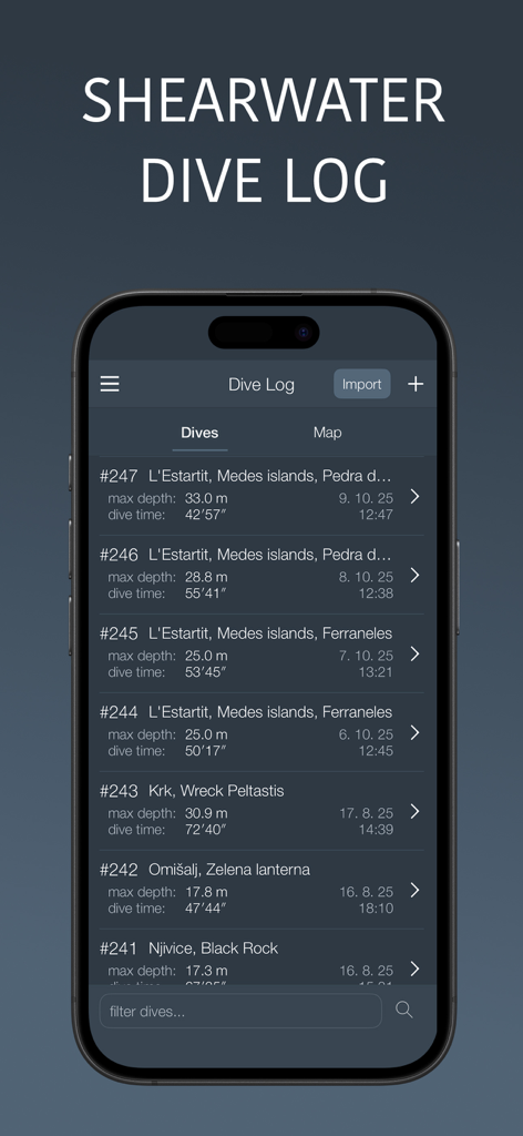 Interfaccia dell'app Deep Tools che visualizza un elenco di log di immersioni Shearwater importati con dettagli come profondità massima e tempo di immersione