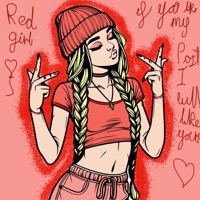 realistic teenage girl with braids and a beanie and crop top doing 🫶🏼