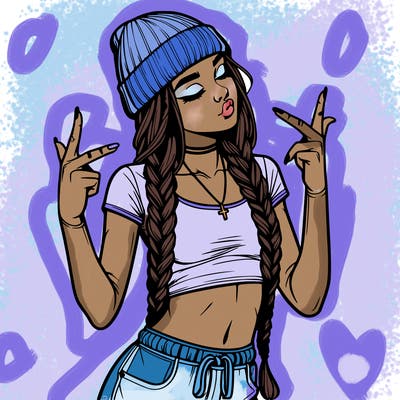 realistic teenage girl with braids and a beanie and crop top doing 🫶🏼