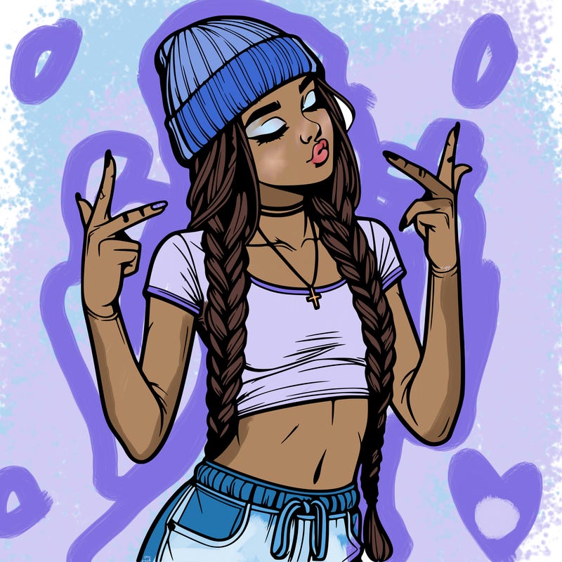 realistic teenage girl with braids and a beanie and crop top doing 🫶🏼