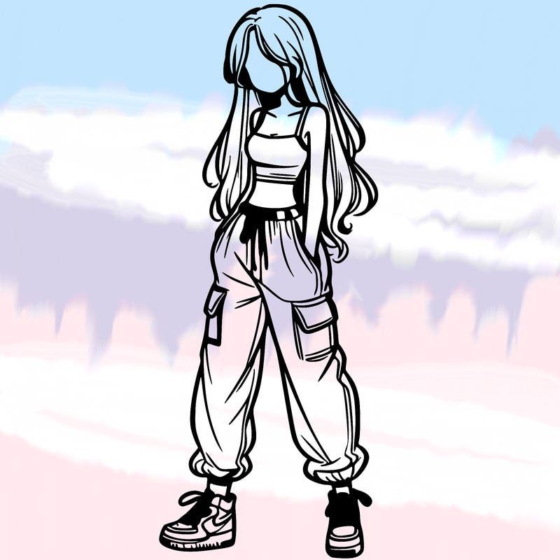 girl in baggy pants crop top and long hair