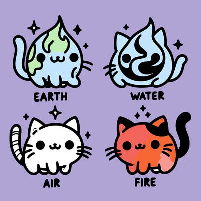 4 cats that represent the different elements, earth, water, air, and fire