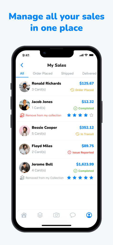 Mobile app screen showing a list of sports card sales with transaction amounts and order status