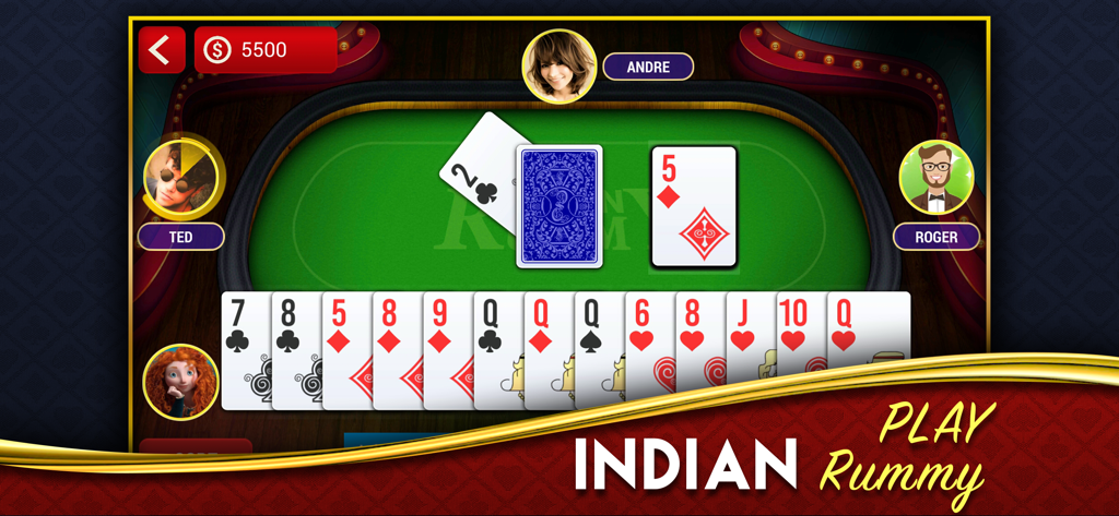 Jugabilidad del juego de cartas en línea Rummy Indio que muestra a los jugadores en una mesa virtual con una mano de cartas