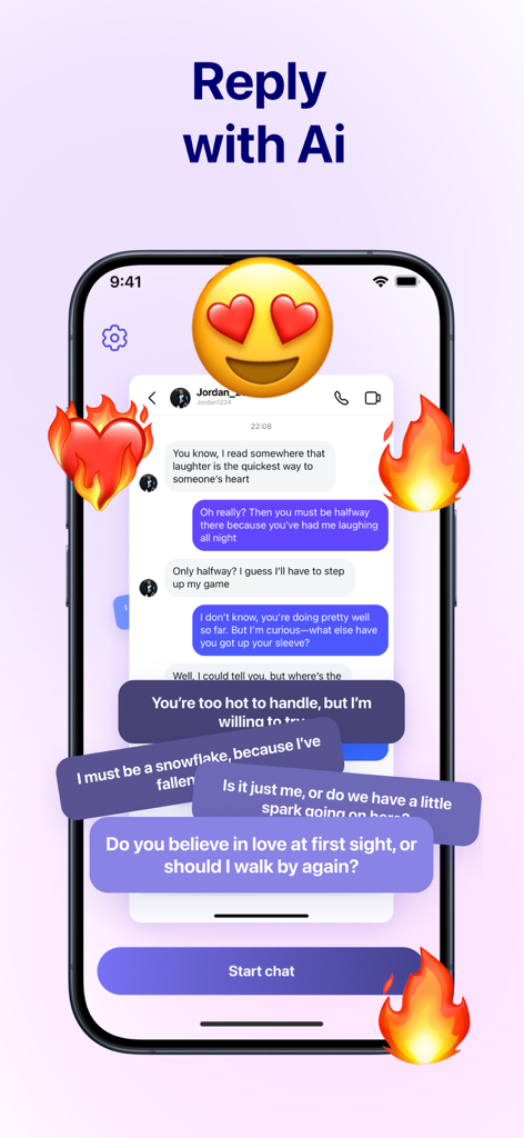 AI Flirt Wingman: Text Helper - Tela de smartphone mostrando sugestões de mensagens de namoro geradas por IA em uma interface de chat