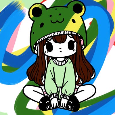 a girl wearing a frog hat and some frog socks