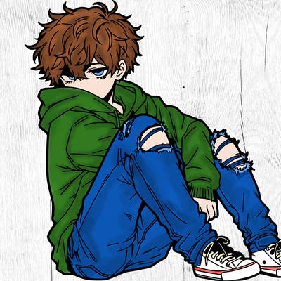 a male hoddie ripped jeans messy hair anime
