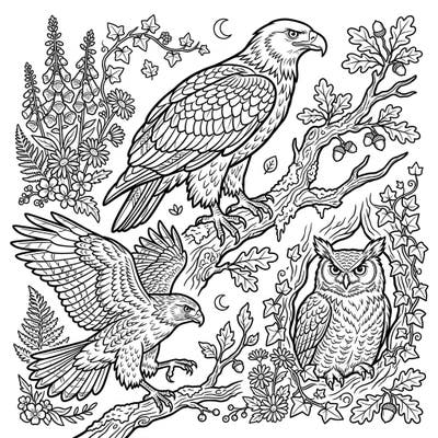 Discover the serene beauty of nature with this enchanting coloring page featuring magnificent Birds of Prey. Immerse yourself in a cozy cottagecore world where eagles, hawks, and owls dwell amidst rustic flora.