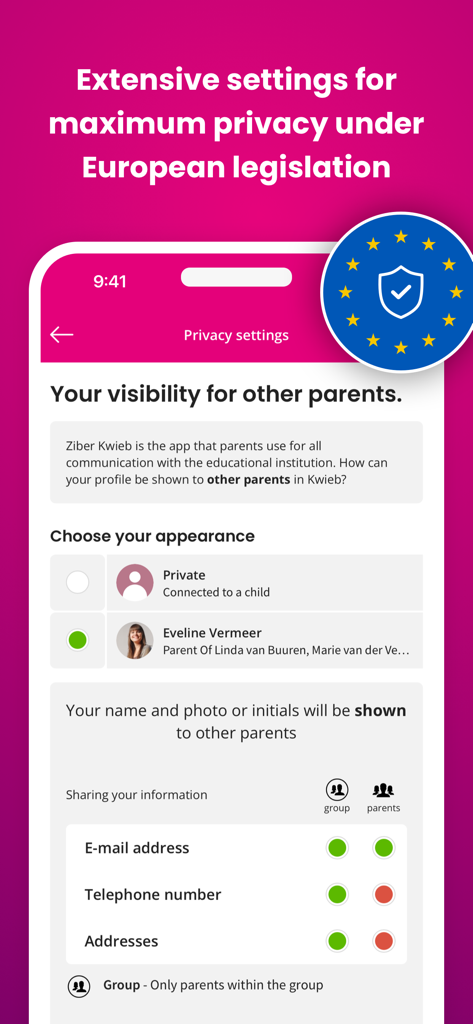 Ziber Kwieb - Ziber Kwieb mobile app privacy settings screen for managing parent profile visibility and sharing contact information
